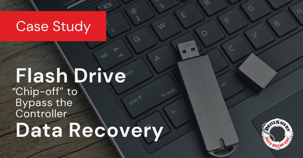 The image likely represents a case study involving advanced data recovery techniques. It focuses on using the "chip-off" method to bypass the controller of a USB flash drive. This process involves physically removing the memory chip from the device to access and recover data directly, which can be necessary when traditional recovery methods fail due to controller damage or failure. This technique is typically employed by specialized data recovery services for complex cases where critical data retrieval is required.